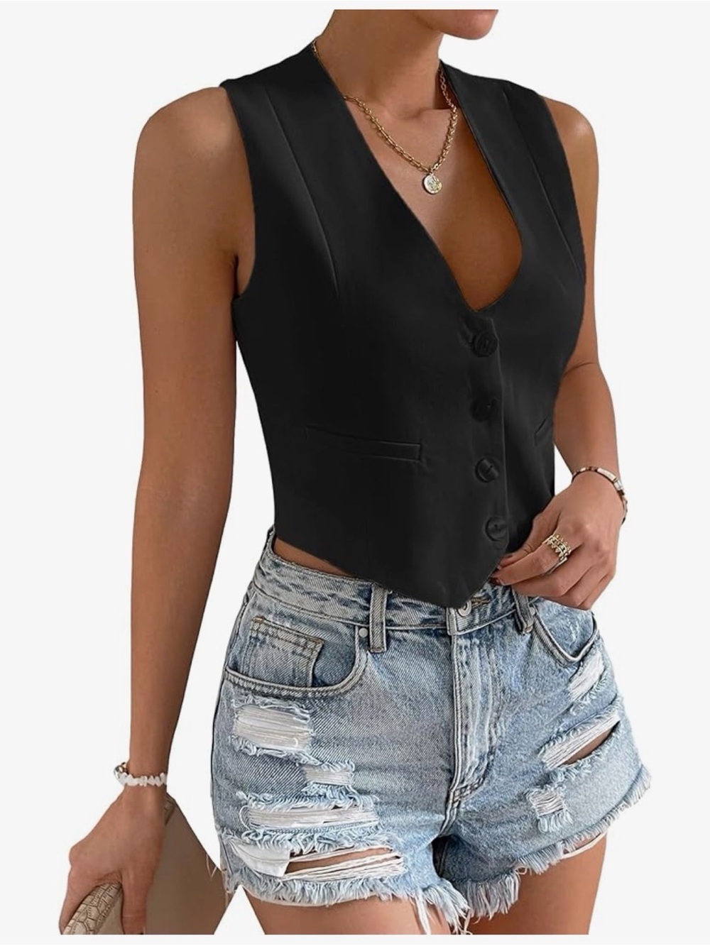 Black Buttoned Vest Top - Women's